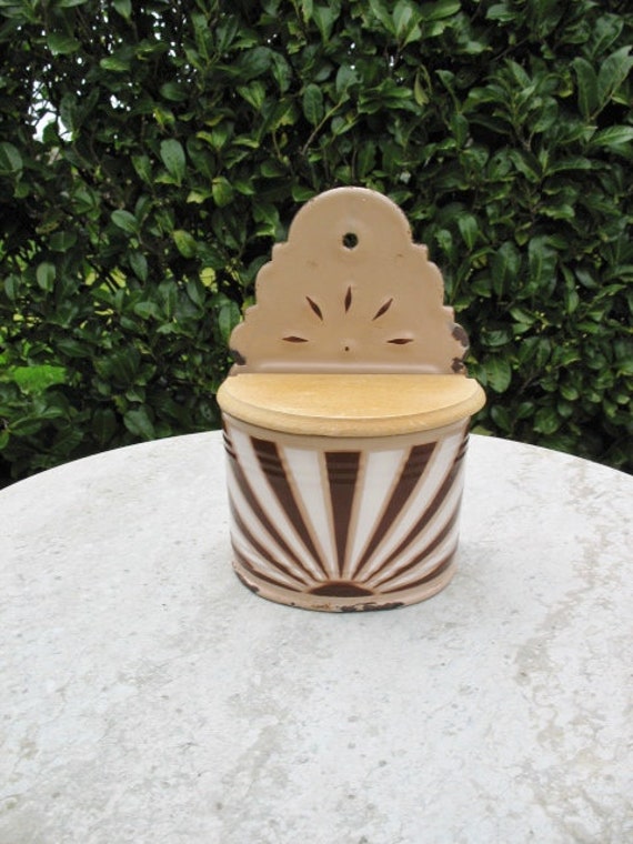 A Nice Vintage Beige - Cream & Brown Enamel Salt Box With Wood Lid Stamped Belgique