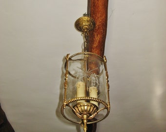 A Decorative Cylindrical Brass  French Hall Light / Lantern With Etched Glass Panels ~ 1970's