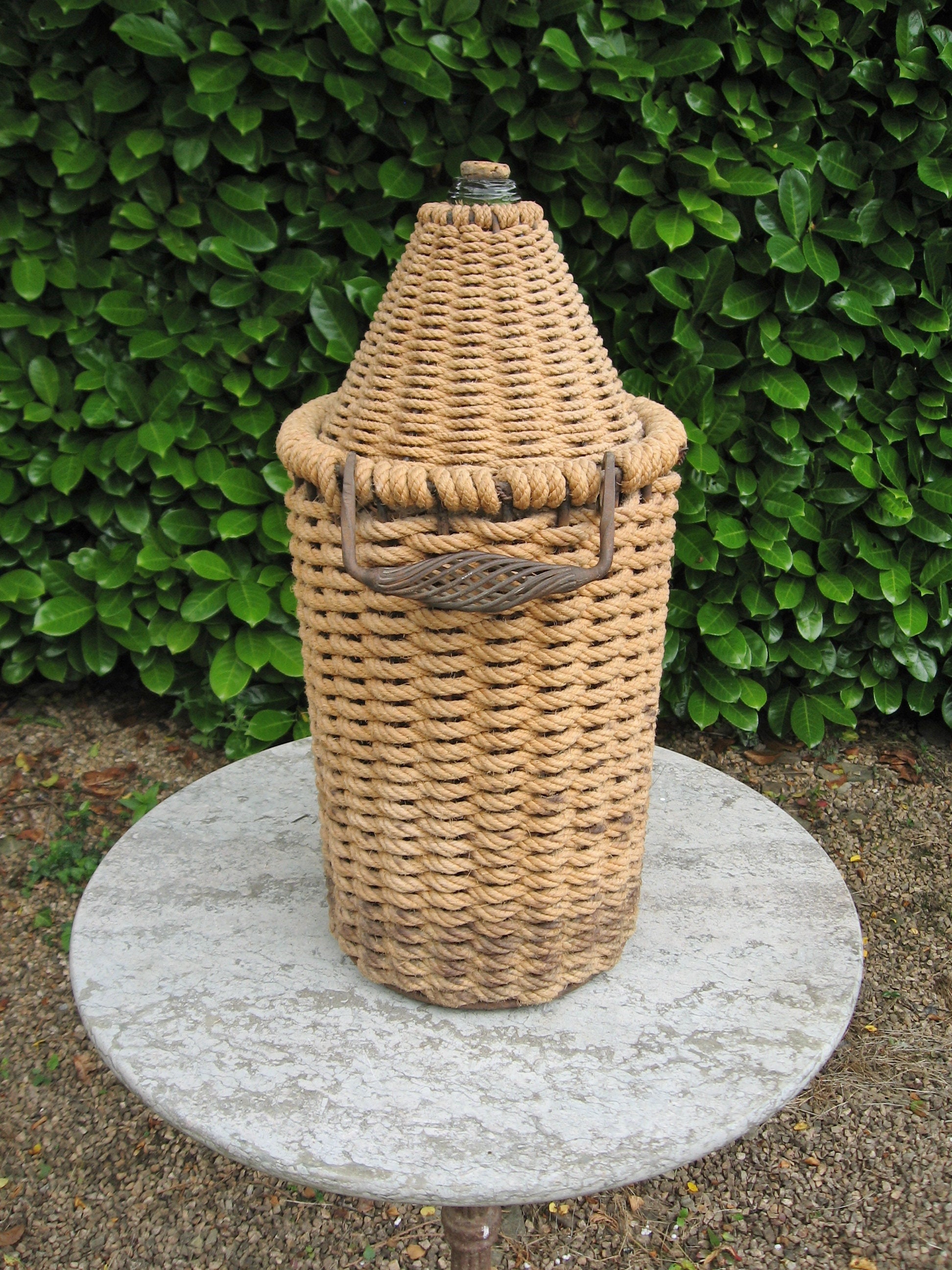 A Very Rare Old Français Rope Covered Green Glass Bonbonne Bottle - Carboy Demi John With Metal Twis