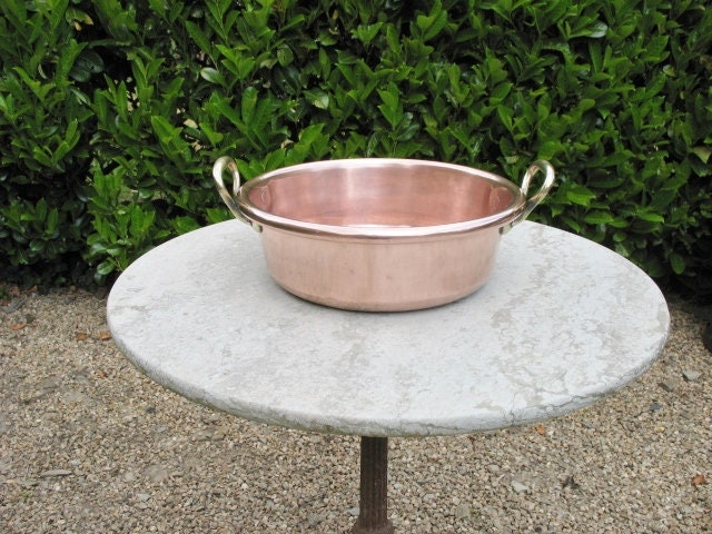 Une Belle Rare Fin Des Années 1800 Small Français Copper Jam Pan/Préserver avec Poignées en Laiton B