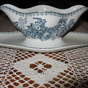 A Beautiful Vintage French &quot;Longwy Mesange&quot;  Ironstone Sauce Boat / Gravy Boat With Attached Saucer  ~ 19th Century