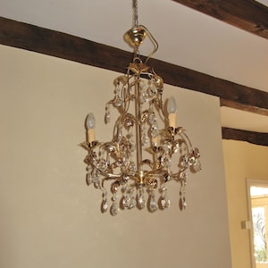 A Beautiful Vintage French Gilt Painted Toleware Leaf Design Conservatory / Orangery  Crystal Chandelier Light