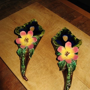 A Beautiful Pair Antique French Majolica / Barbotine Horn Of Plenty/Cornucopia Wall Pocket Vases  ~  19th Century
