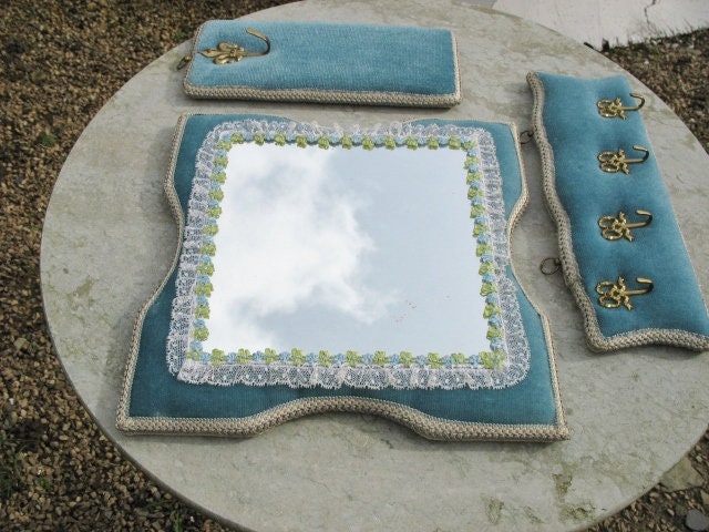 A Very Nice Set of Vintage French Blue Velvet Backed Brass Coat Hooks and  Mirror -  Ireland