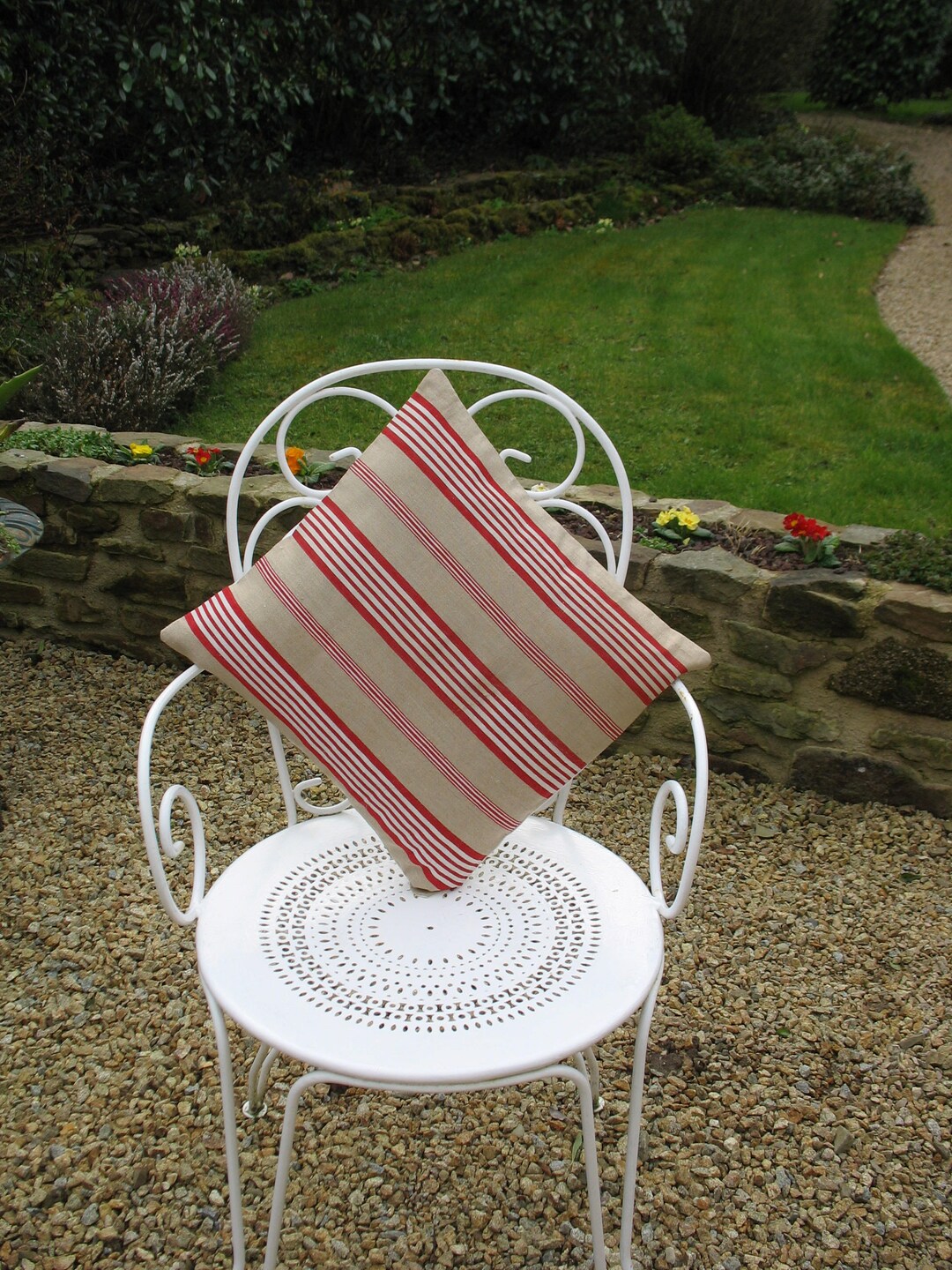 Vintage French Red Striped Ticking & Linen Cushion Cover Homemade From
