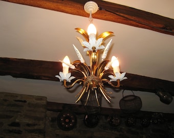 Vintage French Gilt & Cream 3 arm Toleware Ear Of Corn Chandelier