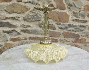 A Very Nice Vintage French Brass Hanging  Ceiling Light With Cream Mottled Glass Frilly Edge Shade