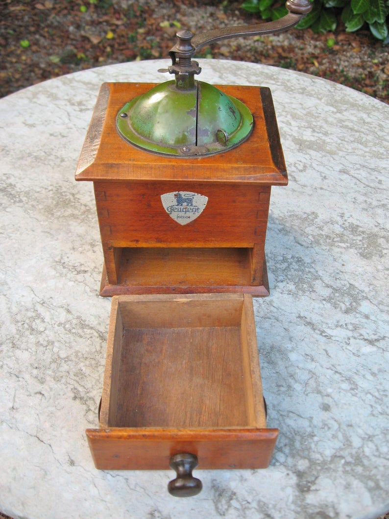 A Very Nice French Wooden Coffee Grinder By Peugeot Freres Good Working Order Great In Country / Farmhouse Kitchen image 8