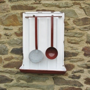 A Very Nice Vintage French Enamel kitchen Utensil Holder Reddish Brown And White With Two Utensils