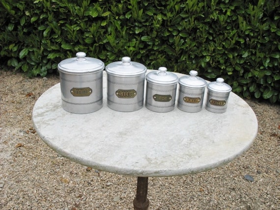 1930年代アルミキャニスター6缶セット 真鍮ラベル フランスビンテージ