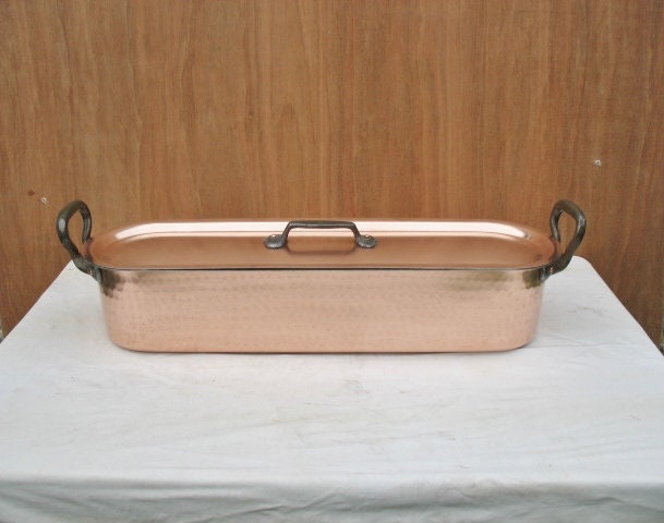 Vintage Français Hammered Copper Fish Kettle/Braconnier Steamer Stamped L.lecelier Villedieu Tin Lin