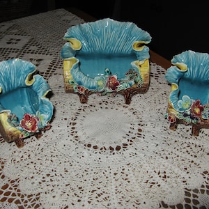 A Beautiful Set of 3 Antique French Majolica Barbotine  Planters / Cache Pots ~  19th century