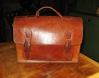 Vintage French Large Hand Sewn Strong Brown Leather Satchel / Briefcase/ Man Bag / Messenger Bag