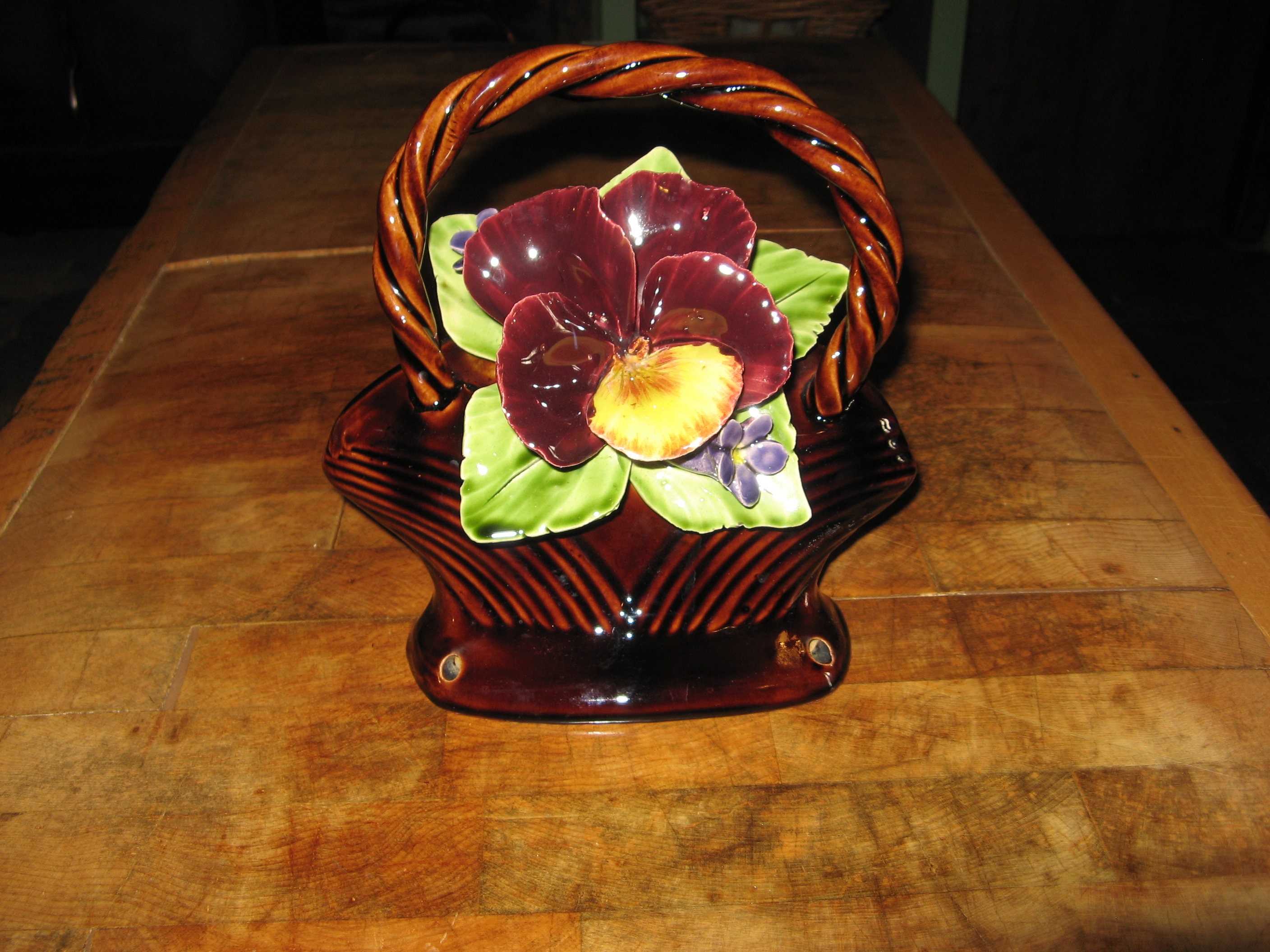 Antique Français Majolica/Porcelaine/Ceramic Gravestone Hand Made Flower Basket ~ Grave Decoration F