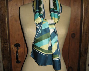 A Beautiful Vintage French "Donatella" Designer Long Silky Polyester Scarf in Green Blue White and Lemon ~ Geometric Design ~ Made in France