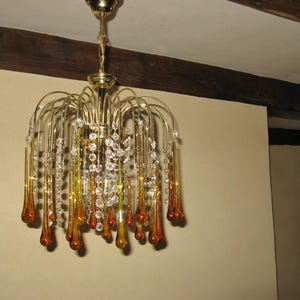 Vintage Italian Gold Metal 3 Light Teardrop Crystal Chandelier With Amber Murano Droplets ~ Mid 20th century