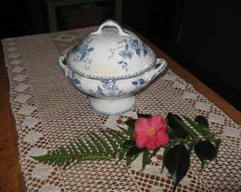 Beautiful Antique French Blue & White Ter De Fer / Ironstone Footed Soup Tureen With Lid ~ "St Amand Hamage Nord"-  Caiffa Pattern