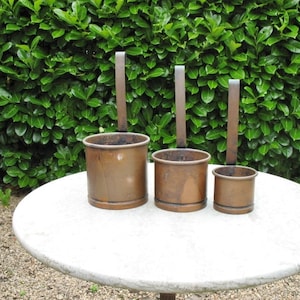 A Very Nice Vintage Three Piece Set Of French Copper Graduated Dairy / Kitchen  Measures With Capacity  Stamped