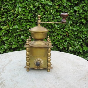A Very Nice Vintage European Fancy Brass  Coffee Grinder / Coffee Mill In Good Working Order  Great In Country / Farmhouse Kitchen