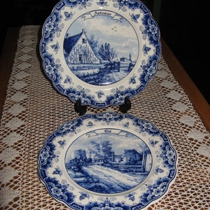 A Beautiful Pair of Vintage Blue  White Delft Transfer Ware Wall Plates ~ Seasons Plates ~ 1991 / 1992 Bonne Annee ~ Summer & Autumn