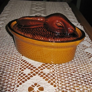 A Great Vintage French  Faience/  Majolica / Barbotine Brown Rabbit/Hare Terrine ~  &quot;La Bourguignonne&quot; ~ 1980s ~ French Country Kitchen