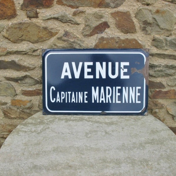 A Vintage French Blue And White Enamel Road Sign  " Avenue Capitaine Marienne "