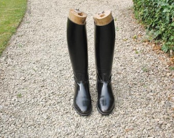Pair Of Vintage French Black Leather Hunting / Riding  Boots And  Wooden Trees /  Lasts / Formers / Stretchers