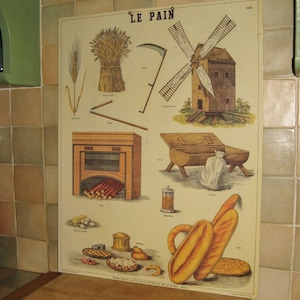 Une très belle affiche murale décorative vintage pour l'éducation scolaire en cartes françaises montrant le processus de fabrication du pain / du pain