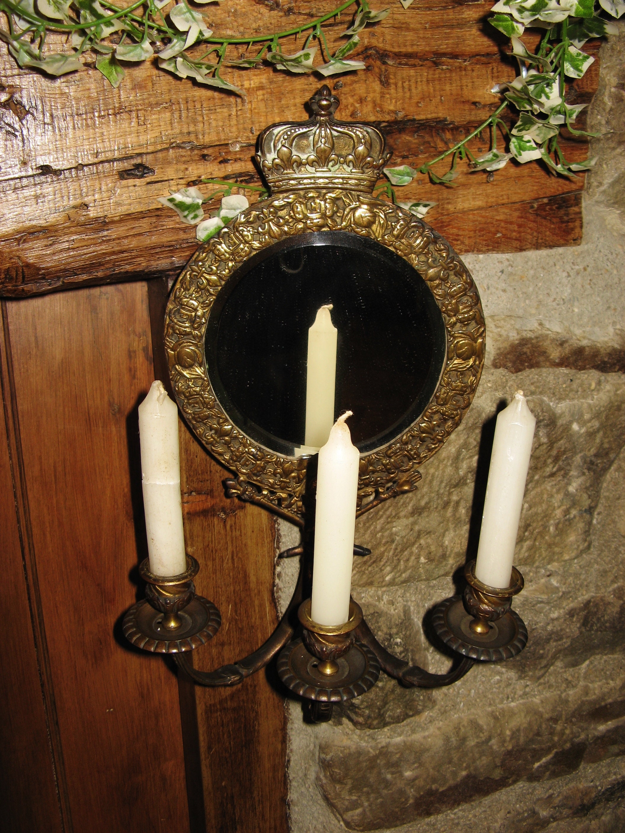 Applique Murale En Bronze Doré - Miroir Biseauté - 19ème Siècle - Style Ancien
