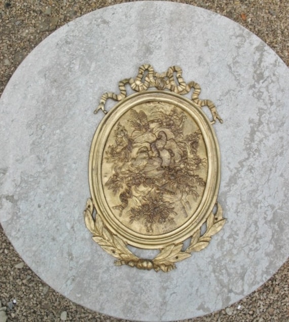 Un Superbe Vintage Rare Français Ovale Ormolu Meubles Mont/Décoration Encadré Plaque avec Feuilles e