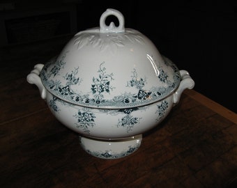 Beautiful Antique French Blue & White Ter De Fer / Ironstone Footed Soup Tureen With Lid ~ "St Amand" -  Prima Pattern ~ Circa 1930's