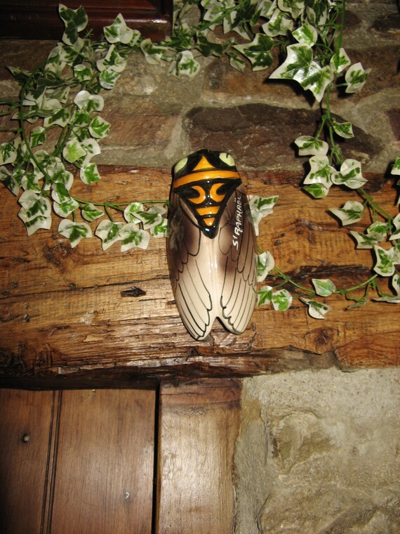 Medium Size Vintage French Majolica Cicada Wall Pocket ~ 