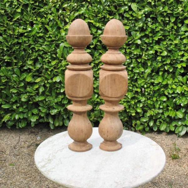 Two Good Vintage French Re-claimed Turned Mahogany Half Finials / Banister Newel posts With Acorn Tops,