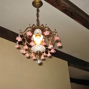 Vintage Italian Brass  And Ceramic Birdcage Chandelier With Pink Ceramic Roses And Crystal Beads