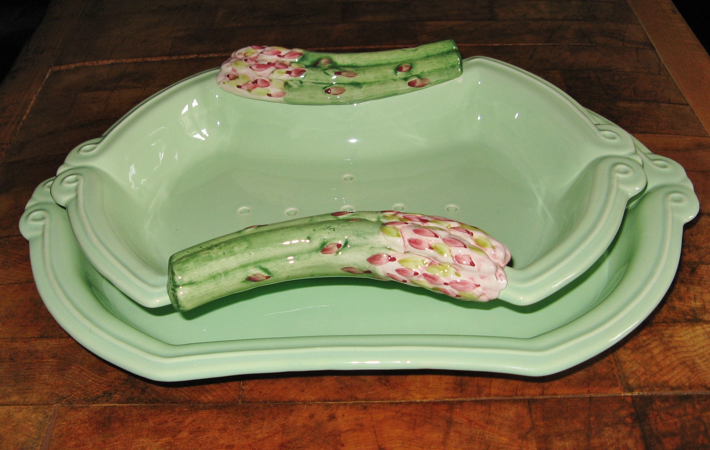 Un Beau Millésime Français Majolica Asperges Platter & Drainer ~ Silea Paris 1960's Excellent État