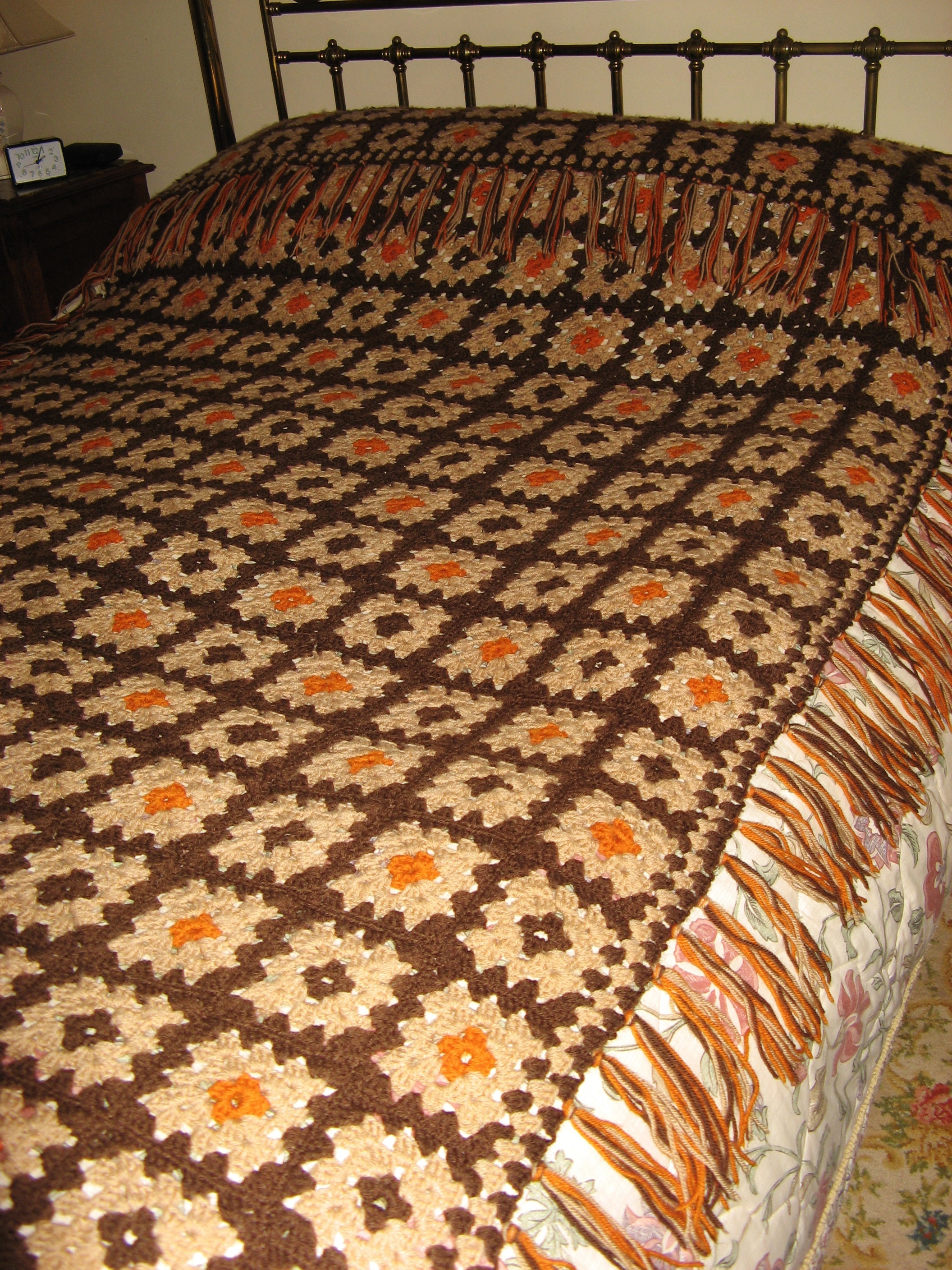 Vintage Français Main Made Crochet Brun Orange - Beige Grandma Blanket/Jeter