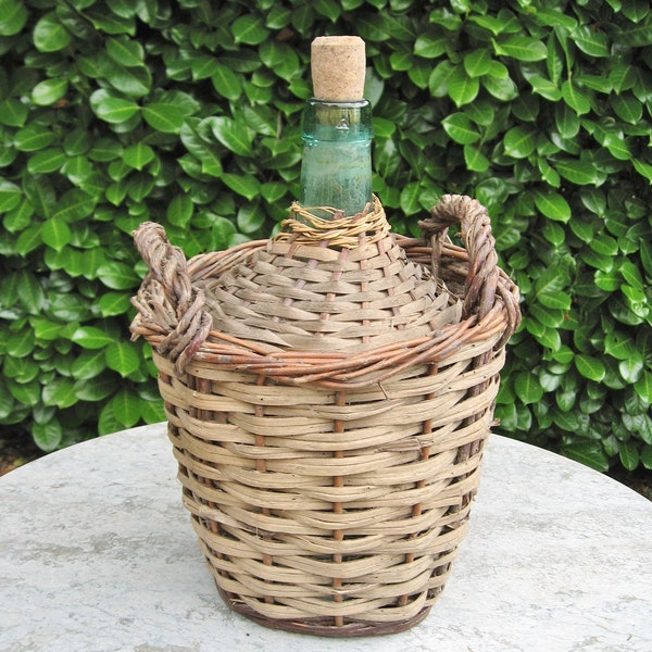 A Nice Old Small French Wicker Covered Green Glass Bonbonne  Eau de Vie Bottle - Carboy - Demi - John