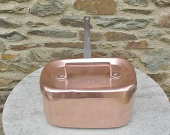 A Vintage French  Hand Hammered Copper Braising Pot / Pan Daubiere And Lid Tin Lined With Iron And Copper Handles From Mid To Late 1800's