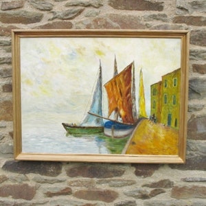A Nice  Old French Framed Oil On Canvas Of Painting Of Sail Fishing Boats In A Harbour Signed