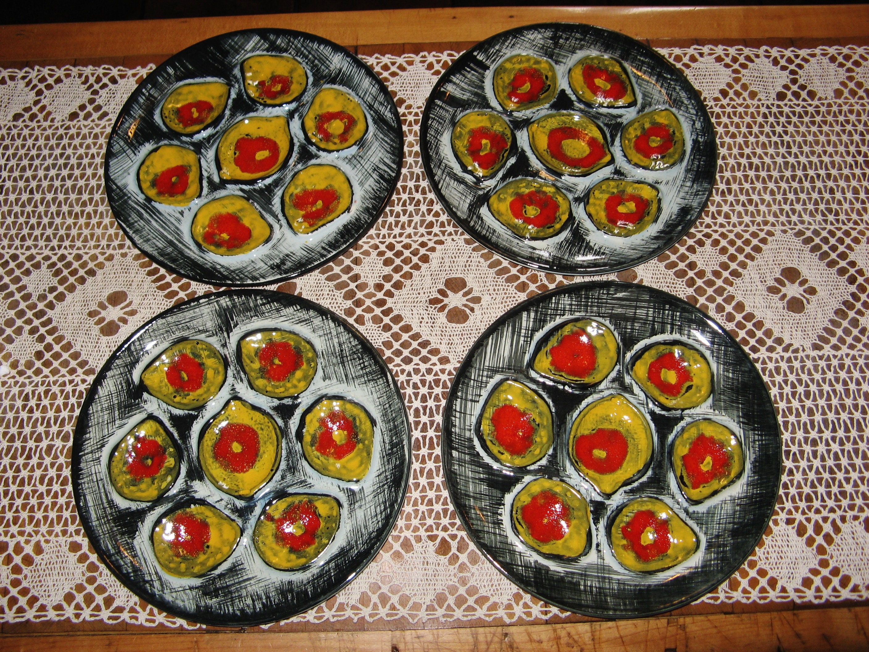 A Beautiful Set Of 4 Vintage French Hand Painted Oyster Serving Plates ~  "MBFA Pornic"  ~ Majolica/Barbotine ~ 1960's