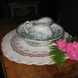 Antique French Ironstone / Terre De Fer Jug & Bowl Set ~ St Amand Nord ~ Teal Blue Transfer Printed &quot;Jonquille&quot; Pattern~1800&#39;s