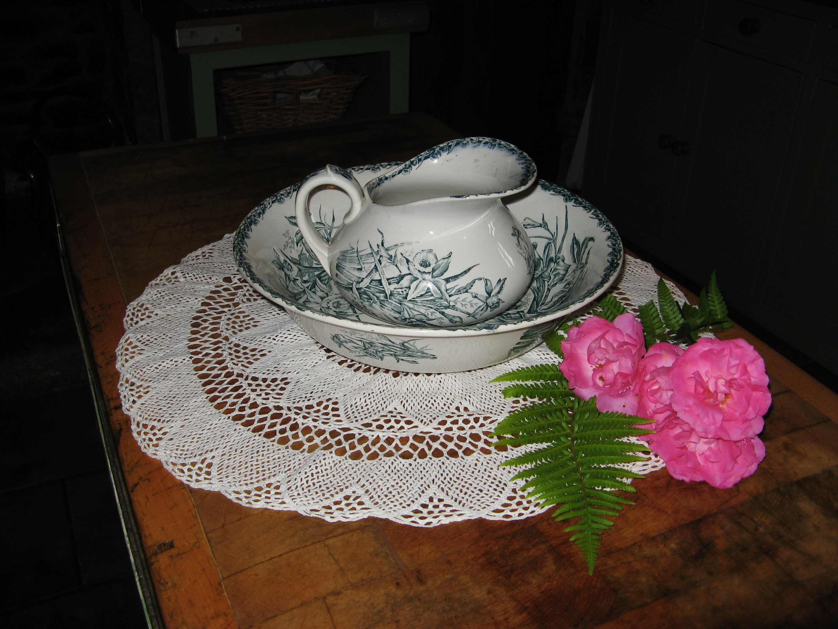 Antique Français Ironstone/Terre de Fer Jug & Bowl Set ~ St Amand Nord Teal Blue Transfer Imprimé Jo