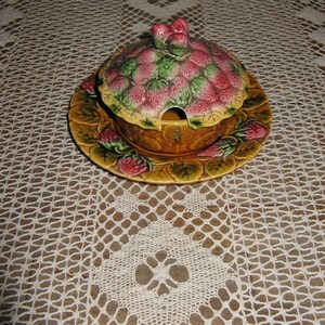 Confiturier Ancien En Porcelaine - Motif Fraise, Fabrication Portugal, Bon état