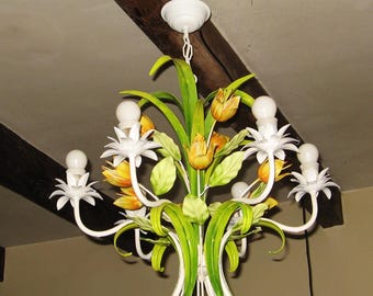 Lampadario francese vintage a 6 bracci in ceramica Tulip Tole