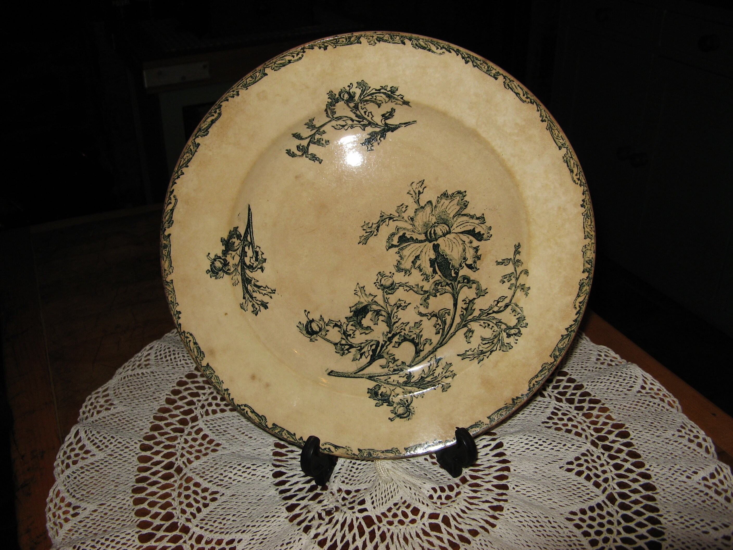 An Antique Français Blue White Transferware Ironstone Large Serving Plate ~ Tea Stained Country Deco