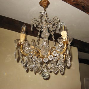 A Beautiful Antique French  Heavy 4 Arm Bronze / Brass And Crystal Chandelier Ceiling Light ~ 1920&#39;s