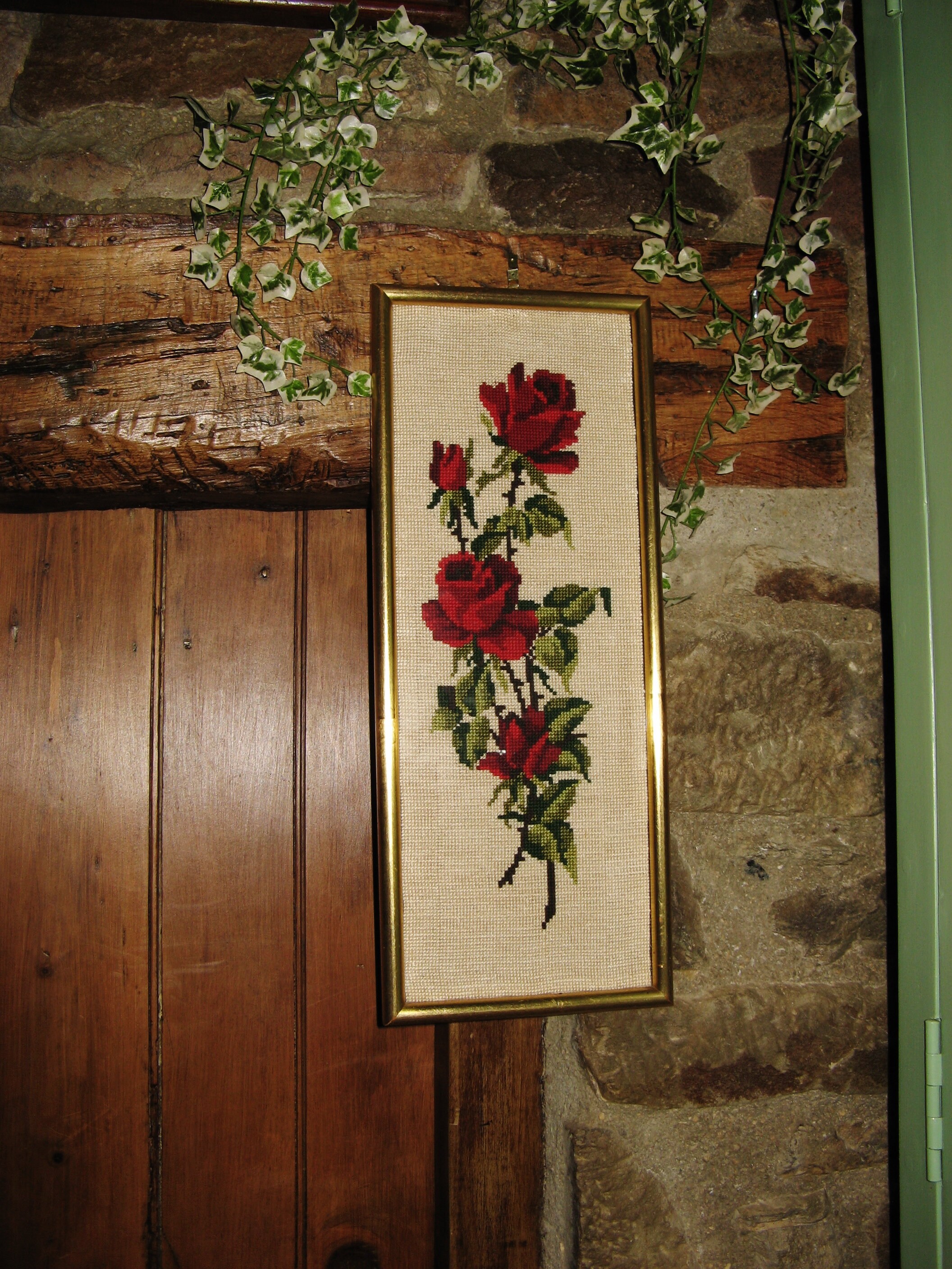 Une Belle Français Vintage Framed Needlepoint Tapestry - Red Roses
