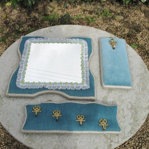 A Very Nice Set Of Vintage French blue Velvet Backed Brass Coat Hooks And Mirror