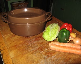 Rare Vintage French Andre Cousances / Le Creuset Oval Taupe Brown Cast Iron Doufeu Casserole ~ Size 12 ~ 1950,s ~ Farmhouse Country Kitchen