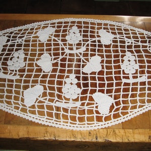 Vintage French White Cotton Hand Crochet Long Table Cover/ Runner With Grape Vine Pattern & Bobble Ends ~ 1950&#39;s